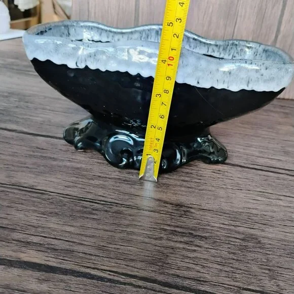 McCoy USA Pottery Pedestal Planter, Black with Grey White Foam Glaze Bowl 8.5" - Picture 4 of 11